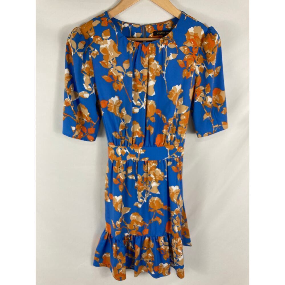 Cynthia Steffe Short Sleeve Blue Tie Waist Floral Dress Size 6